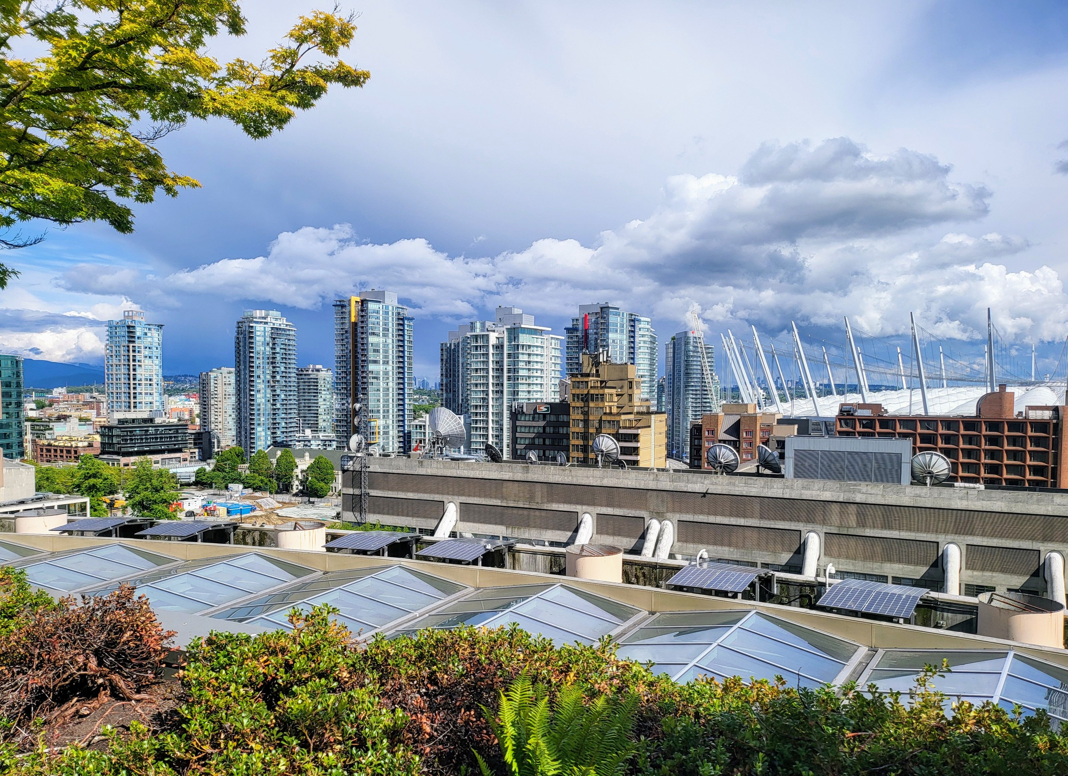 Vancouver's downtown skyline and BC Place viewed from a rooftop garden