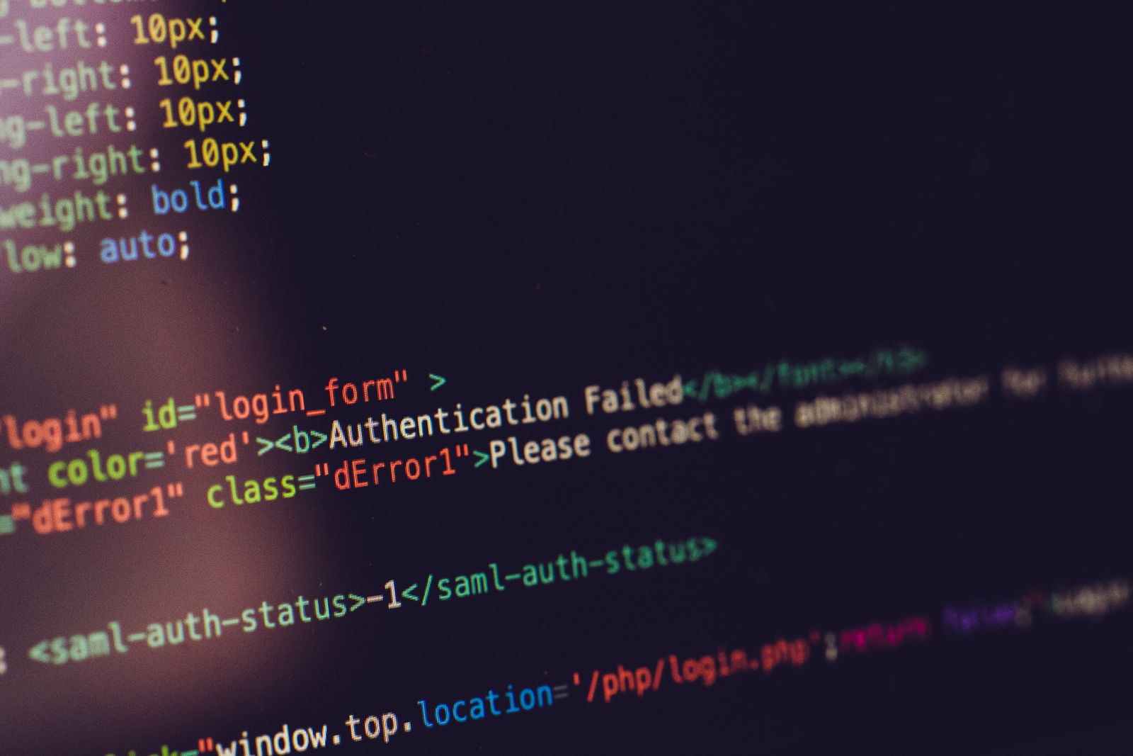 Lines of code on a screen showing an Authentication Failed error message