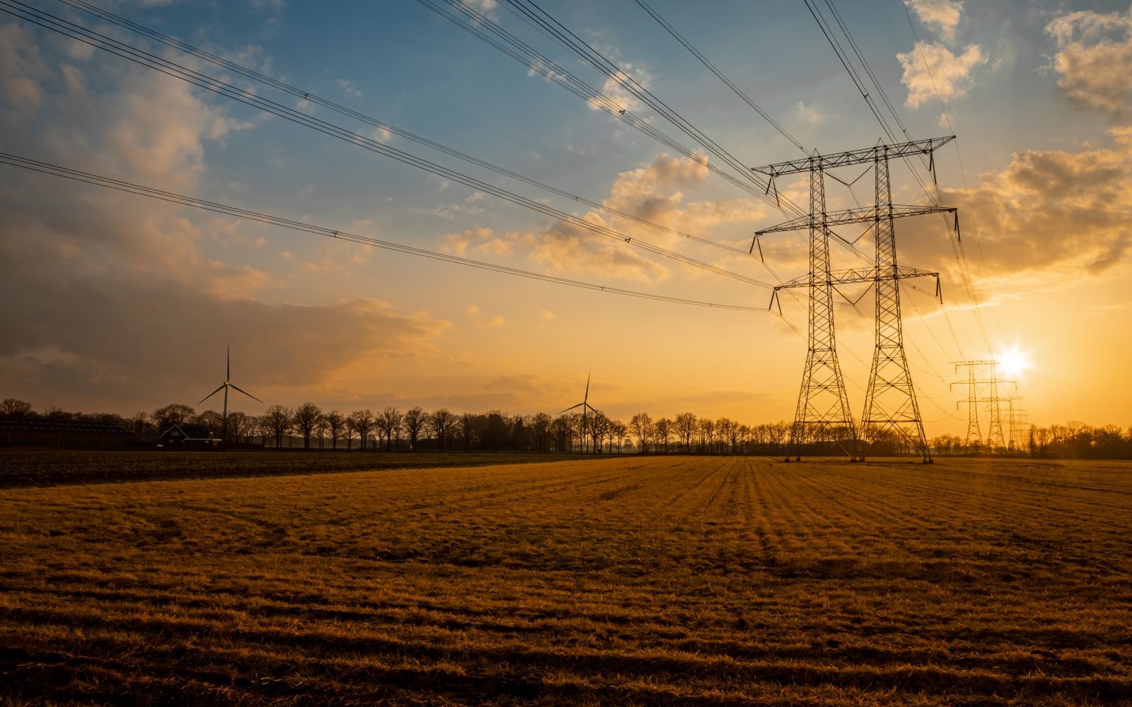 High-voltage power lines and pylons across a field at sunset